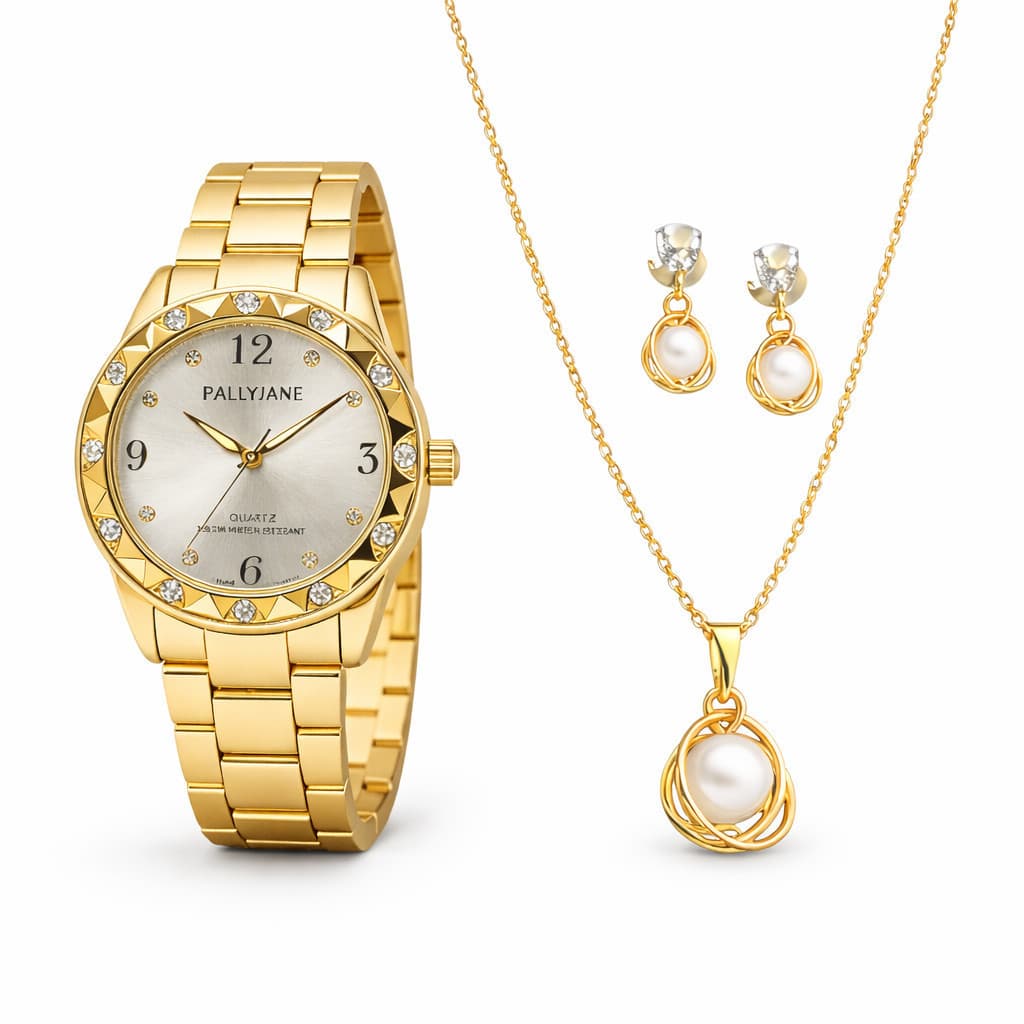 Kit Relógio Feminino Dourado + Colar Pérola e Brincos - Presente para Namorada, Esposa