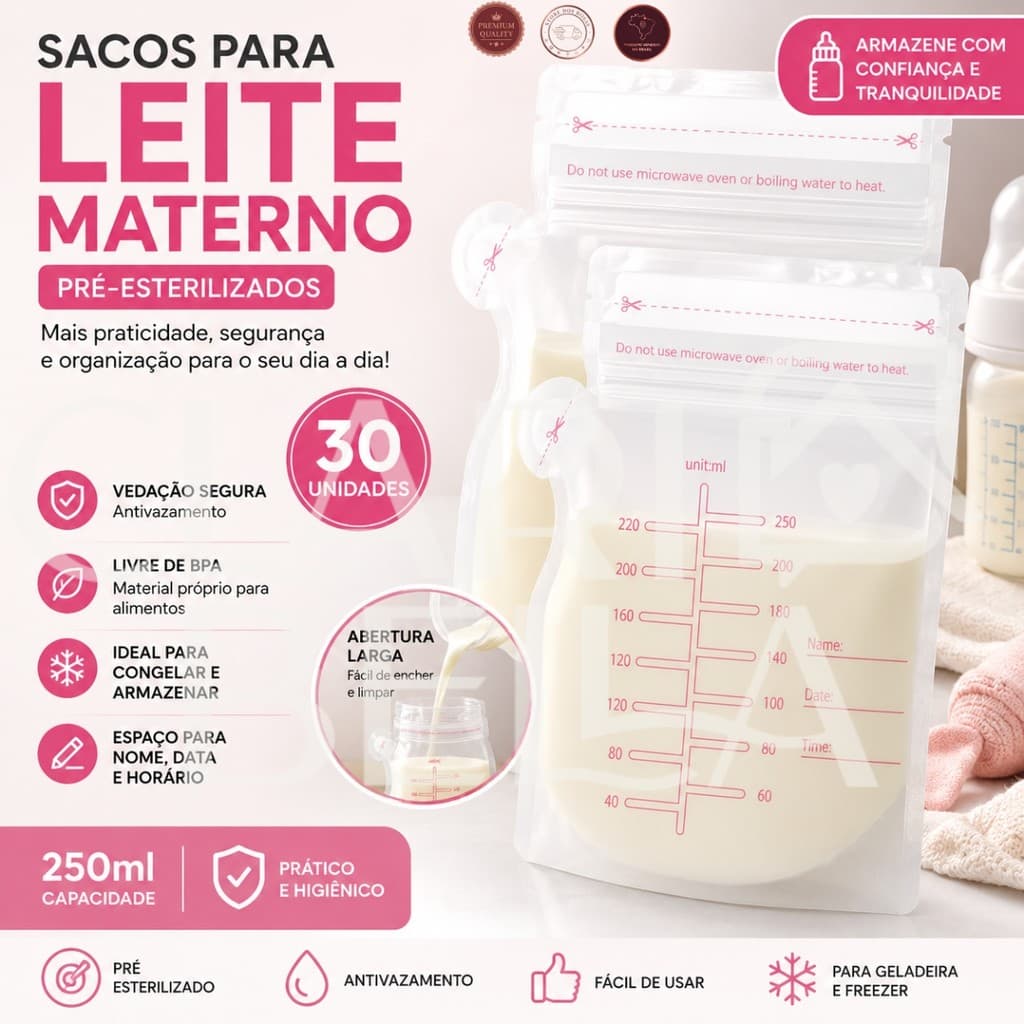 Saco Armazenamento Leite Materno 250ml 30 Unidades Pré Esterilizado Antivazamento Livre BPA