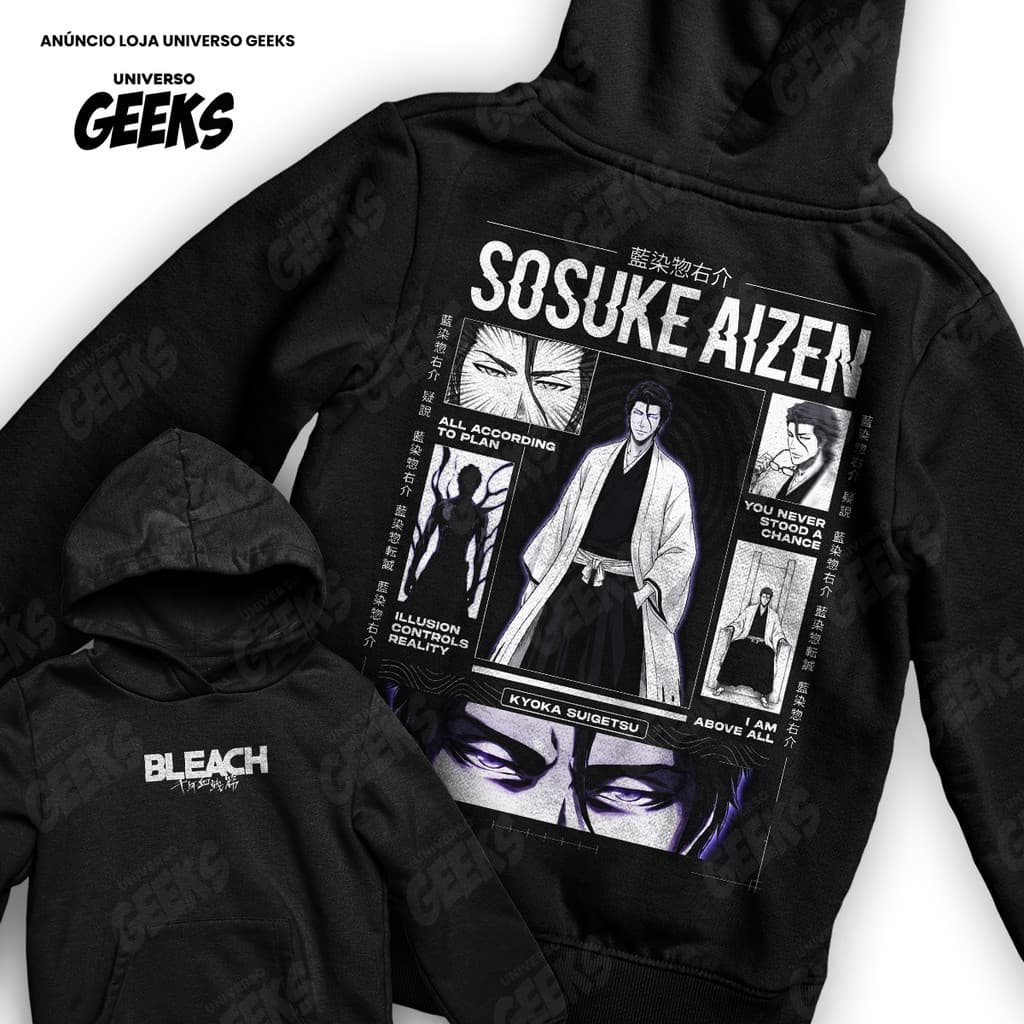 Moletom Bleach Sosuke Aizen Kyoka Suigetsu Vilão Espada Frente E Verso Blusa De Frio
