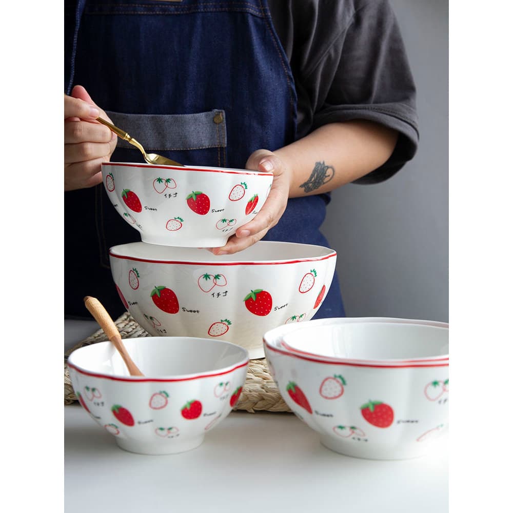 Talheres de cerâmica estilo japonês Four Seasons Pequeno padrão de morango fresco Tigela de arroz Tigela de macarrão Tig