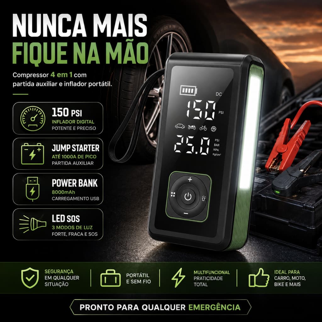 Compressor De Ar Portatil 4 Em 1 Partida Auxiliar Inflador Pneu Carro Moto Bike 150 PSI