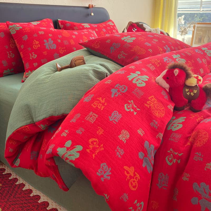 Fu personagem algodão fio tingido cama de fio de camada dupla conjunto de quatro peças ano do cavalo conjunto de algodão
