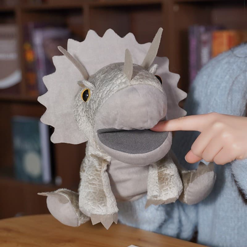 Desenhos animados Triceratops dinossauro brinquedos de pelúcia pode abrir boca fantoches de mão tiranossauro Rex conjunt