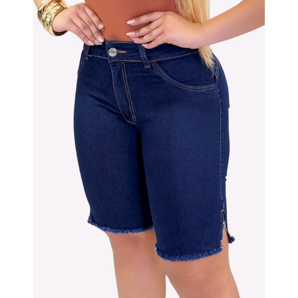 Short Jeans Feminino Cintura Alta Barra Desfiada Modela Bumbum Elastano Lycra Casual Premium