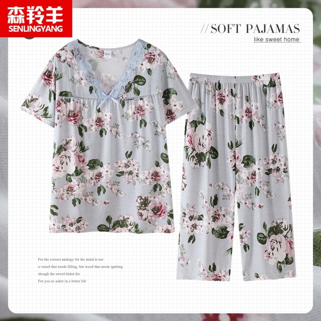 Modal calças cortadas de manga curta pijamas senhoras verão estilo fino mãe Homewear Casual solto pulôver terno verão