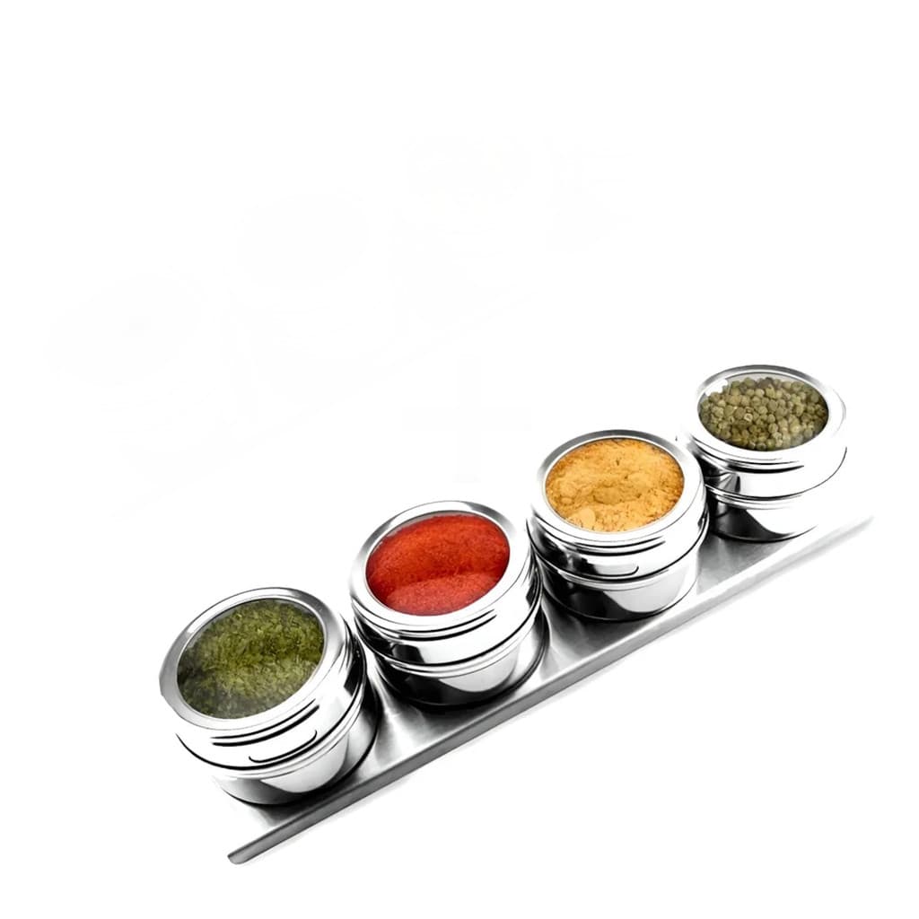 Organizador de Temperos Magnético Inox Premium 4 Potes | Suporte Gourmet Cozinha