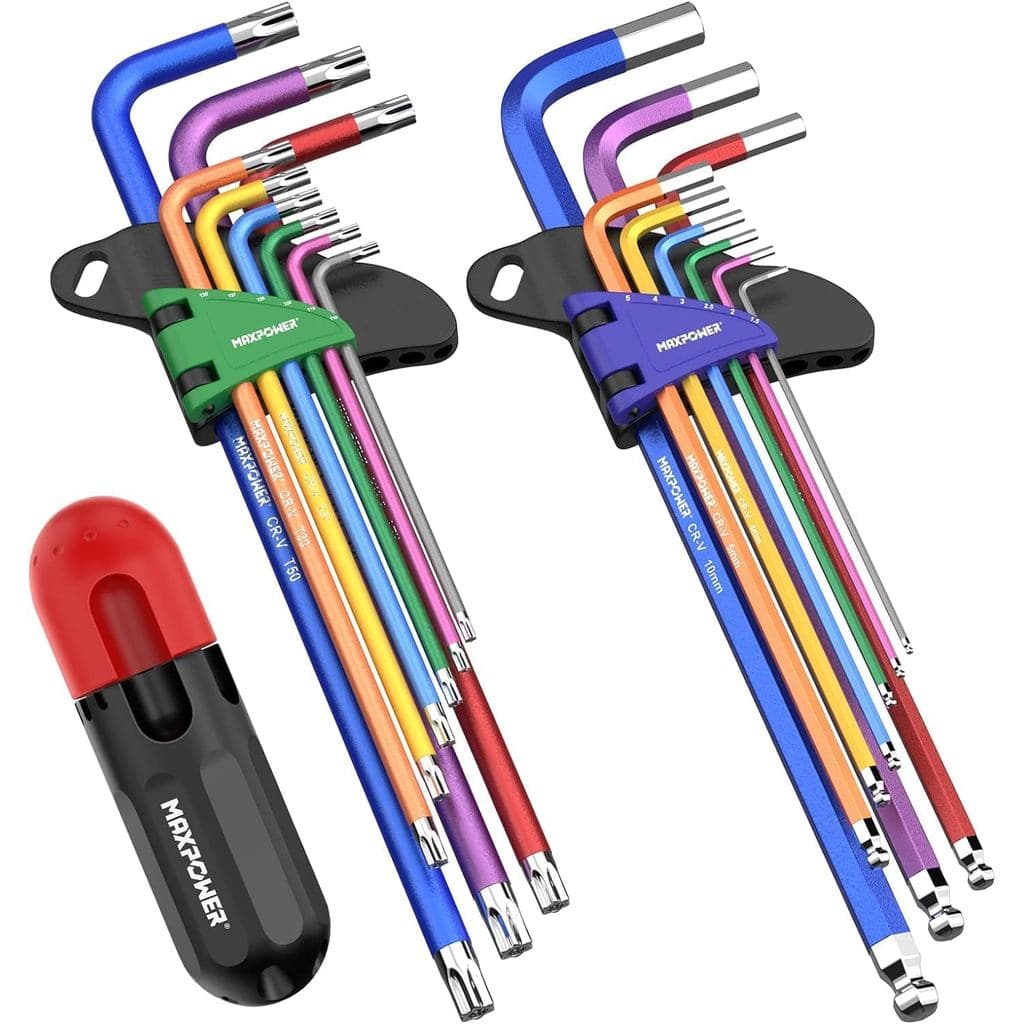 Conjunto de Chaves Allen MAXPOWER, 18 Peças Métricas com Ponta Esférica e Chaves Allen Torx, Chave de Braço Longo com Ca