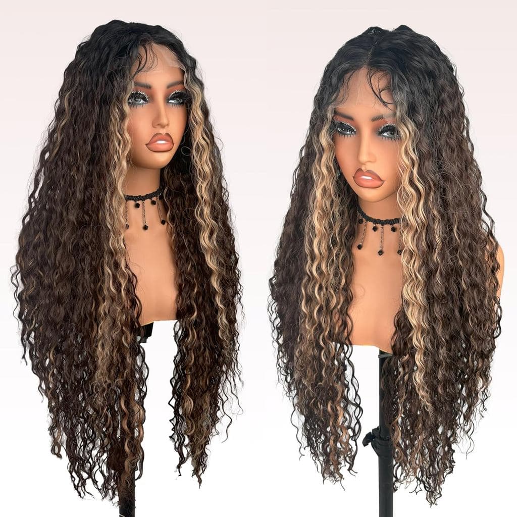Lace Front curly Synthetic Wig for Women 32 Inch Long Deep Curly Wavy T part HD Transparent Glueless Lace wig Heat Resis