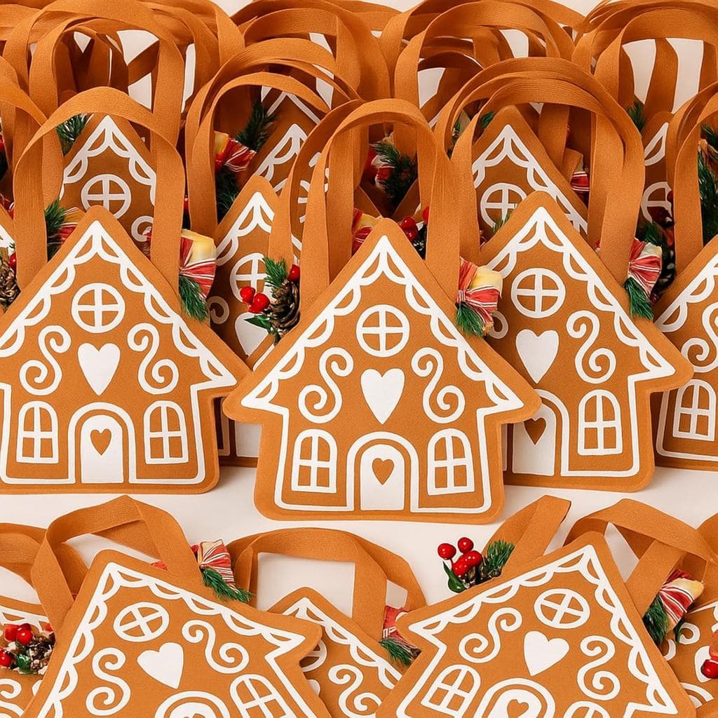 SilTriangle 24 Peças Sacos de Natal em Tecido Não Tecido em Forma de Casa de Gengibre com Alças, Sacolas para Lembranças