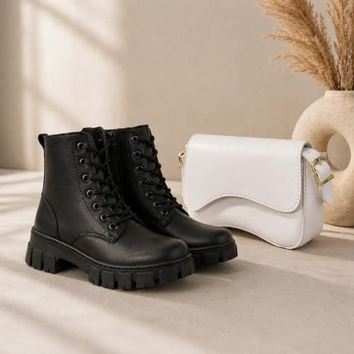 Bota Coturno Tratorado Plataforma Casual Feminina E Bolsa Versatil Confort Premium Basica Leve