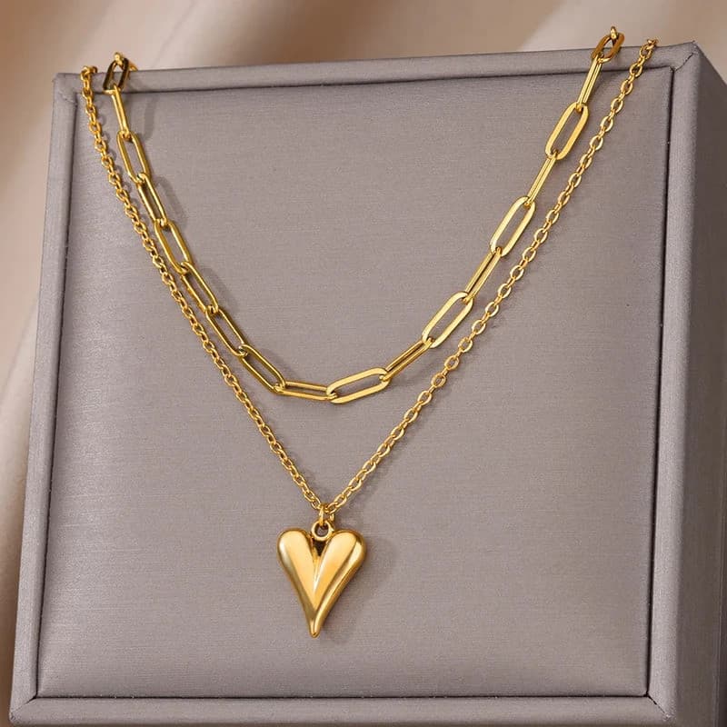 Colar Gargantilha Clavícula Goth Feminino, Pingente Coração Aço Inox 316L Banho Dourado