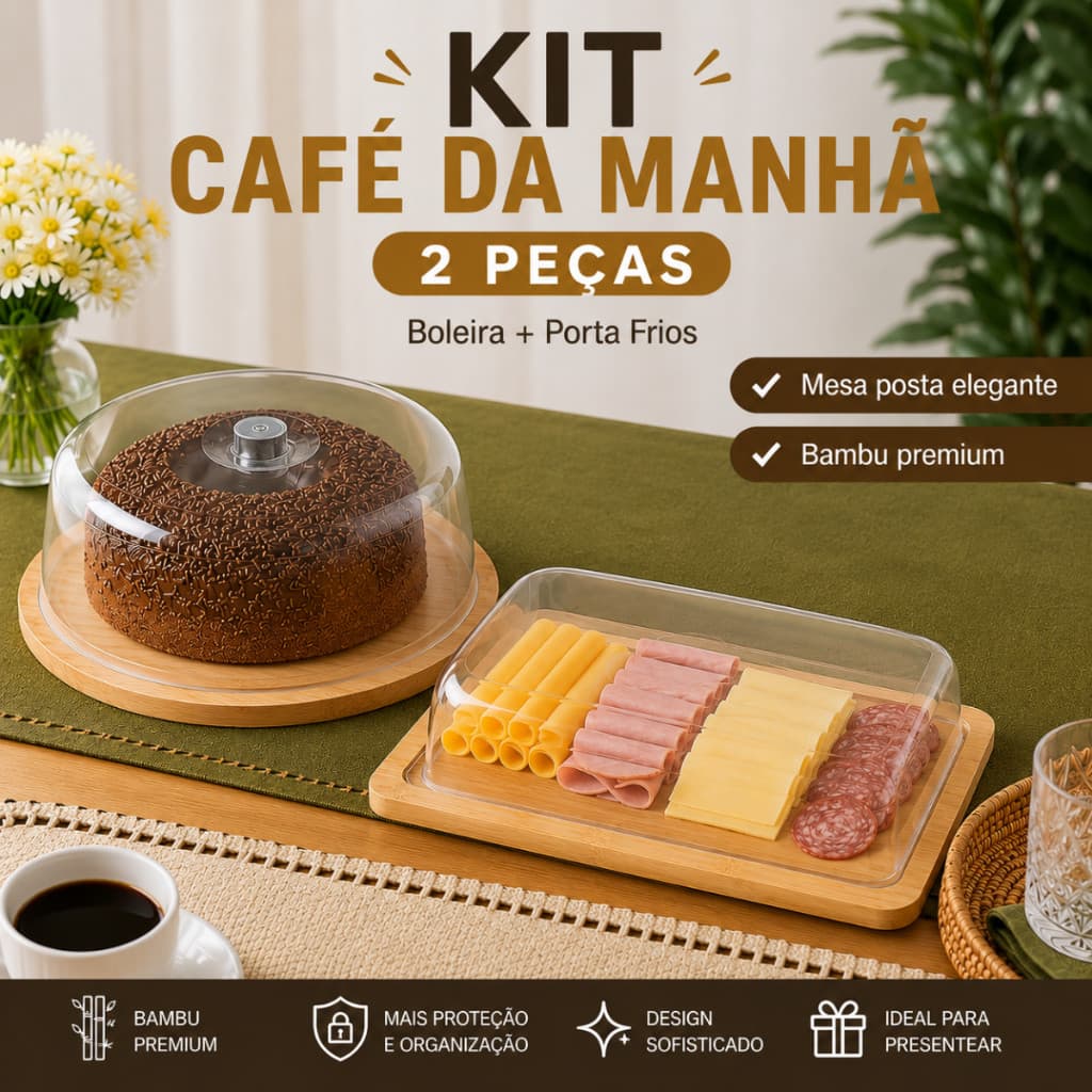 Kit Café da Manhã Boleira Bambu Com Tampa Em Acrílico + Porta Frios Bambu Tampa Acrílico Mesa Posta