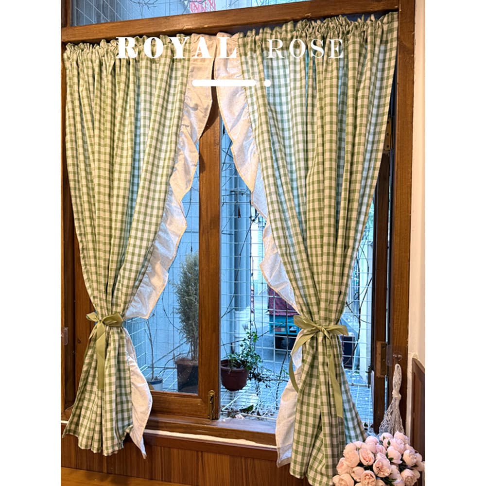 Americano Retro verde xadrez algodão linho babados dopamina cortina de porta meia cortina haste Velcro Semi-sombreamento