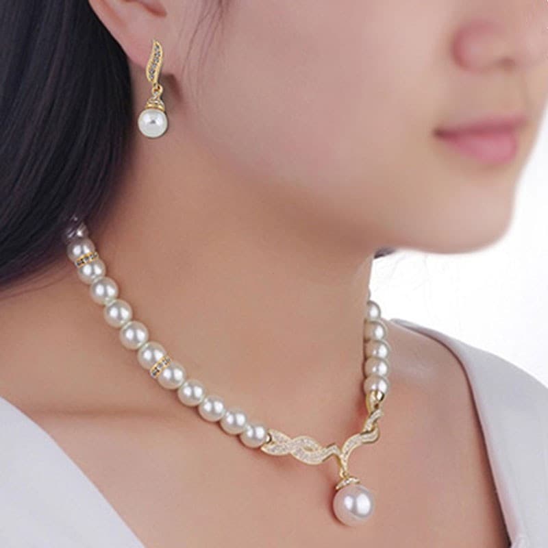 Colar Criativo De Cor Dourada + 1 Par De Brincos De Casamento Conjunto De Joias De Pérolas Para Mulheres E