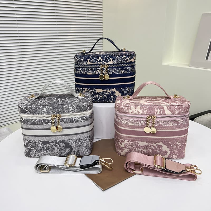 Bolsa de maquiagem de grande capacidade com estampa de animais, bolsa de armazenamento de maquiagem bordada em lona, ele