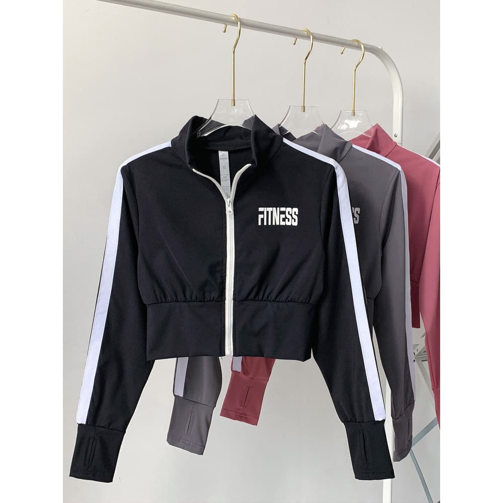 Jaqueta curta de ioga, tecido esportivo, manga comprida, gola alta, corrida, Slim Fit, aparência mais fina
