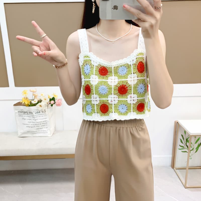 Verão novo estilo estilo japonês Mori menina doce Retro flor crochê oco exterior usar pequena camisola colete curto topo