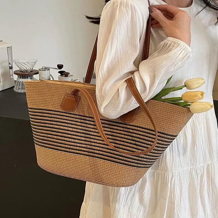 Bolsa de palha tecida 2025 verão novo estilo Commuter listrado de grande capacidade de um ombro All-Match moda praia