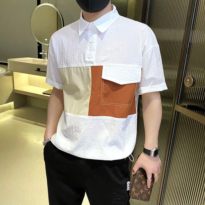 Homens manga curta 2022 novo estilo único cor combinando camisa gola camiseta moda na moda bonito influenciador rua Wear