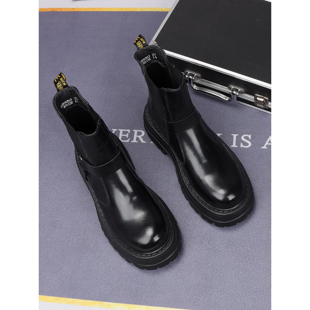 Outono inverno couro genuíno Chelsea botas masculinas de cano médio botas curtas britânicas de sola grossa botas de moto