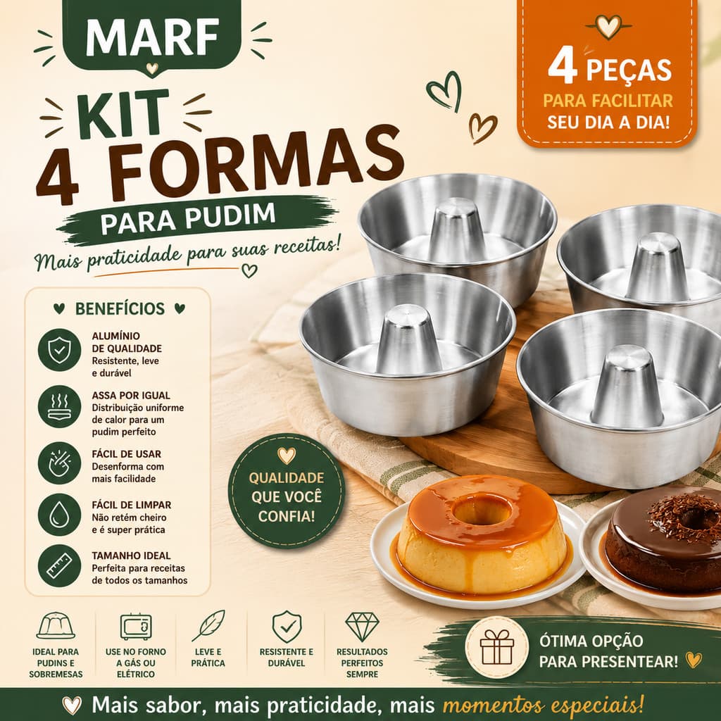 🍮4 Formas Kit Assadeira de Pudim Alumínio Nº18 MARF Forminhas Pudim e Bolo Assadeira para Forno Kit Econômico 4 Peças