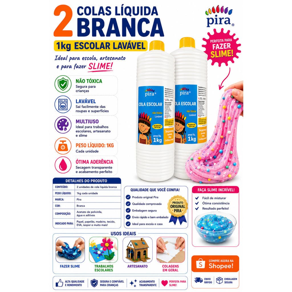 2 Colas Branca Líquida 1Kg Escolar Slime Artesanato