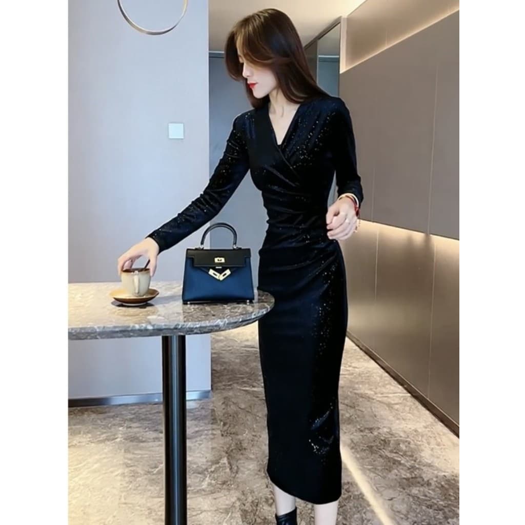 Retro com decote em v veludo Gypsophila vestido feminino outono inverno novo estilo temperamento cintura estreita mais m
