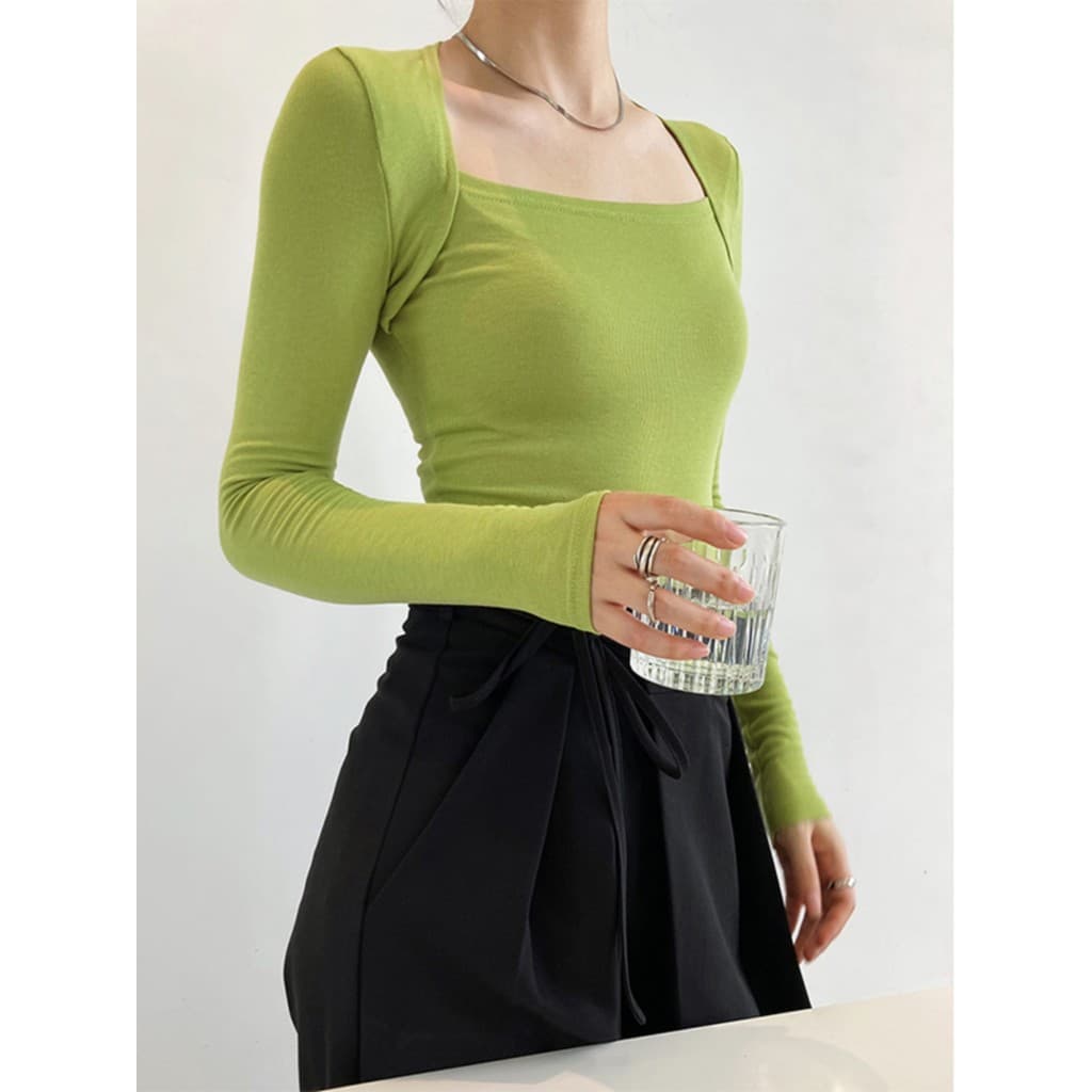 Abacate verde de um ombro manga comprida camiseta feminina primavera outono puro desejo estilo camisa de fundo chá estil