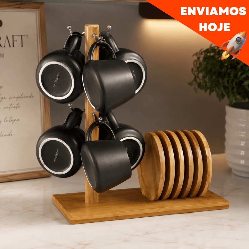 Jogo De Xícaras 90ml Café Com Suporte Pires Bambu 7 Peças