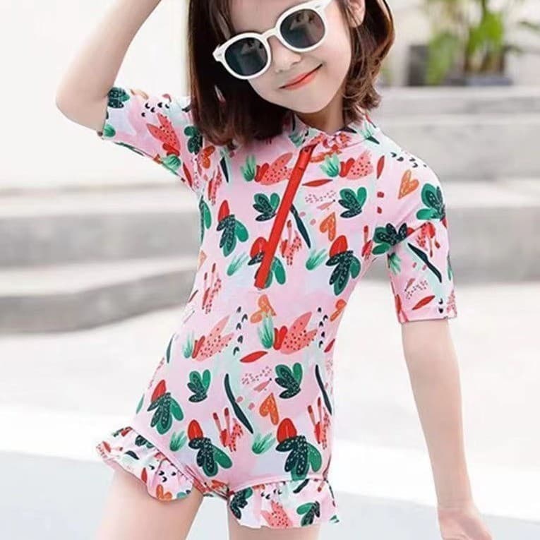 Maiô infantil de verão, peça única com touca de natação, roupa de banho fofa para meninas
