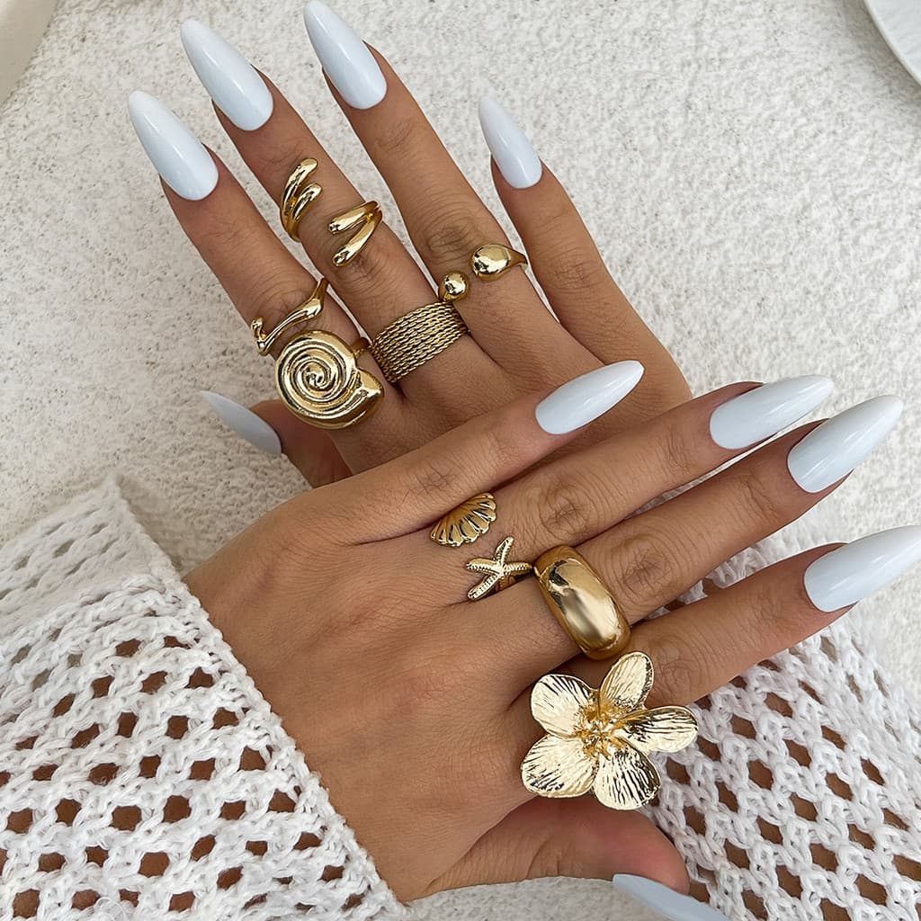 Conjunto de anel de concha de vieira estilo férias oceano, anel aberto de flor de Metal feminino