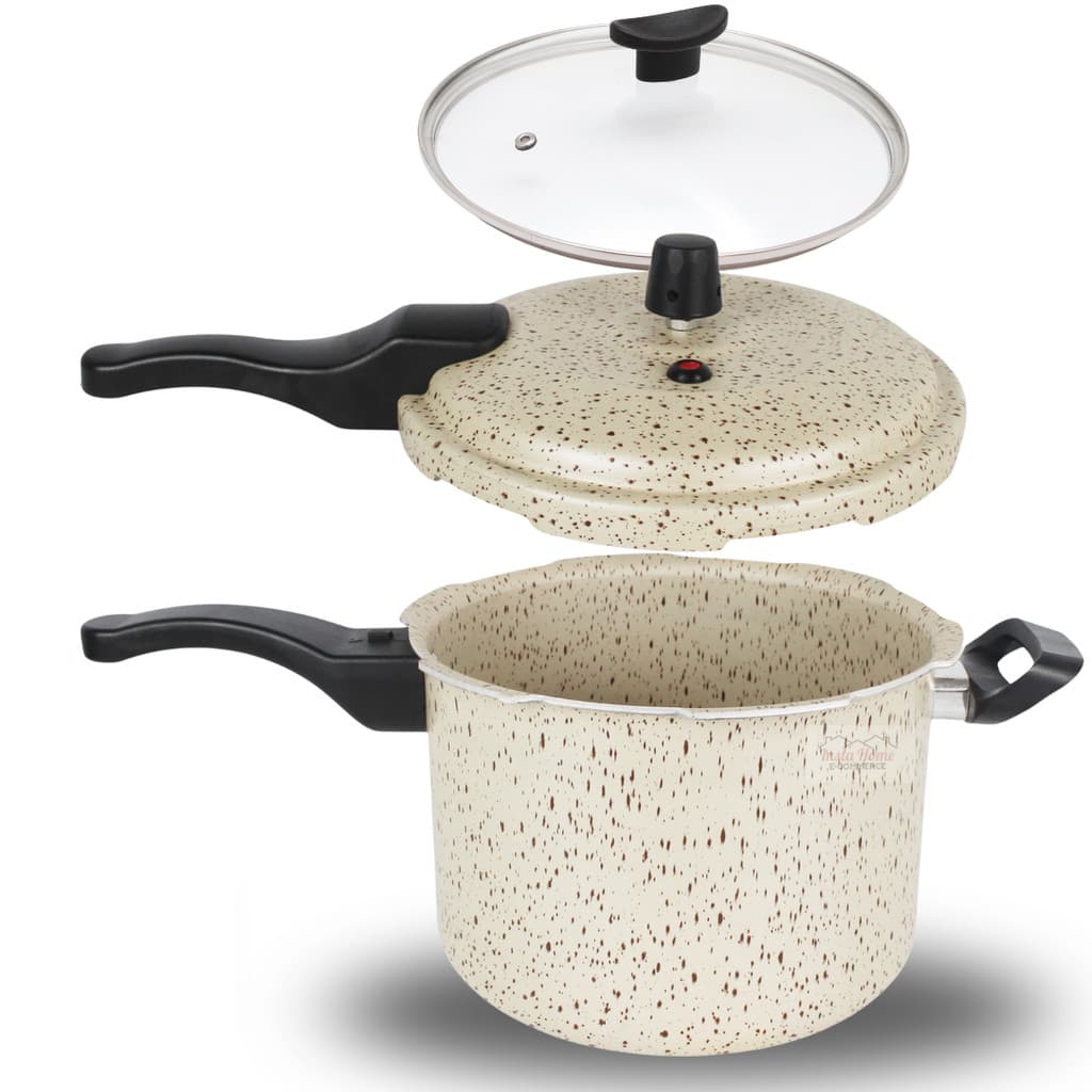 Panela Pressão 2 em 1 com tampa de vidro 4,5 Lt antiaderente teflon 6 Camadas Fechamento Externo Cor baunilha Vanila