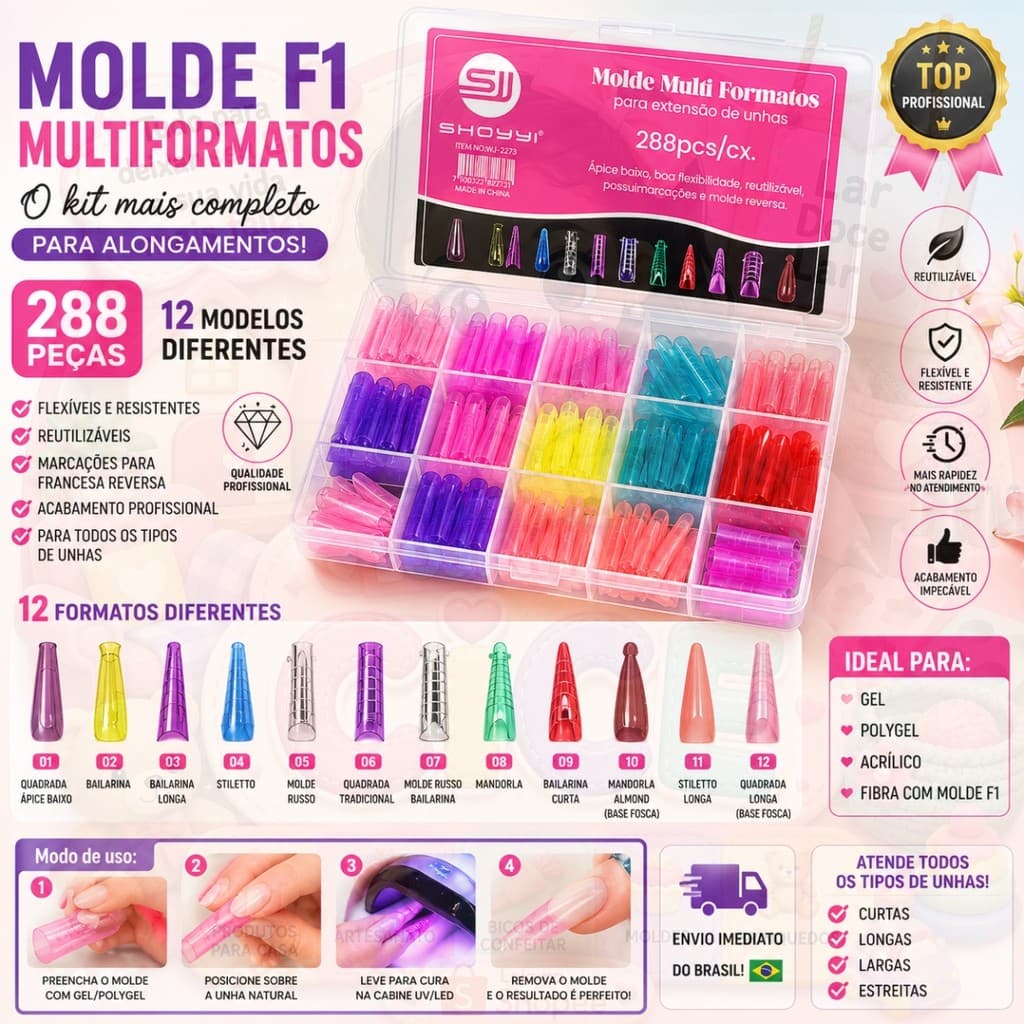 Molde F1 Multiformatos 288 Peças para Alongamento de Unhas Gel Polygel Acrílico | 12 Modelos Profissionais