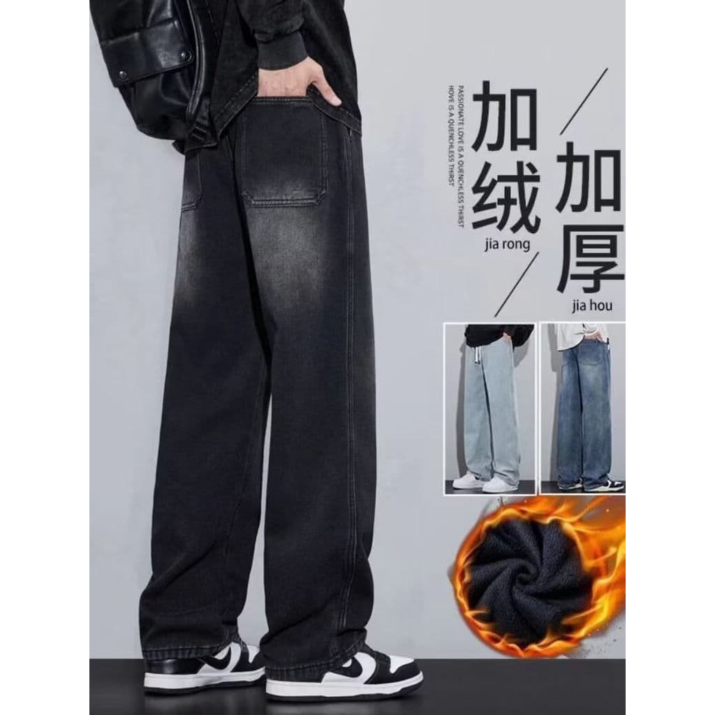 Cleanfit Jeans masculino outono inverno solto calças de perna larga estilo americano forro de lã reto engrossado meninos