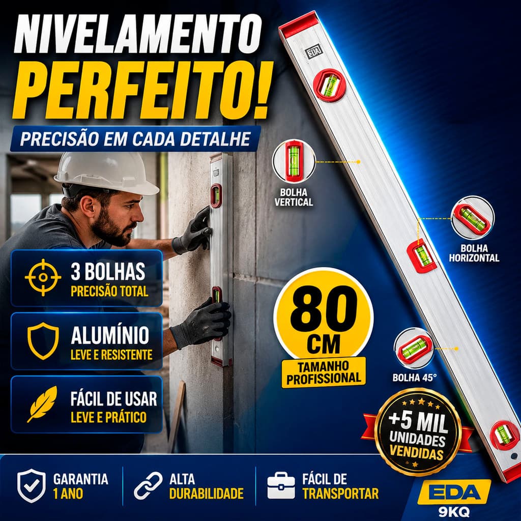 Nível Manual EDA 80cm 3 Bolhas P/ Alinhamento Nivelamento Perfeito Pedreiros Instaladores