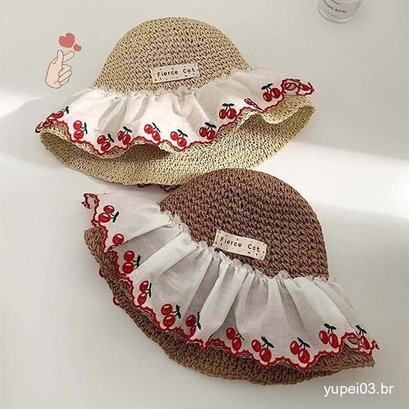 Chapéu De Palha Com Borda De Renda Cereja Doce E Fofo Para Mulheres , Verão , Oco , Beira-Mar , Praia , Férias ,