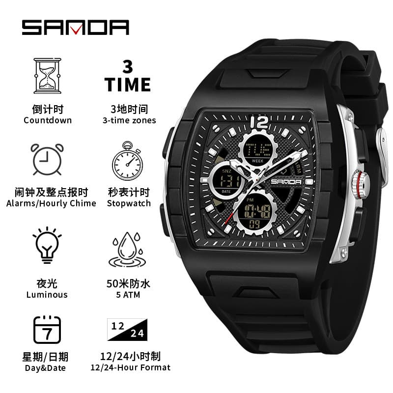 Sanda novo produto grande mostrador juventude barril relógio luminoso à prova dwaterproof água Multi-função contagem reg
