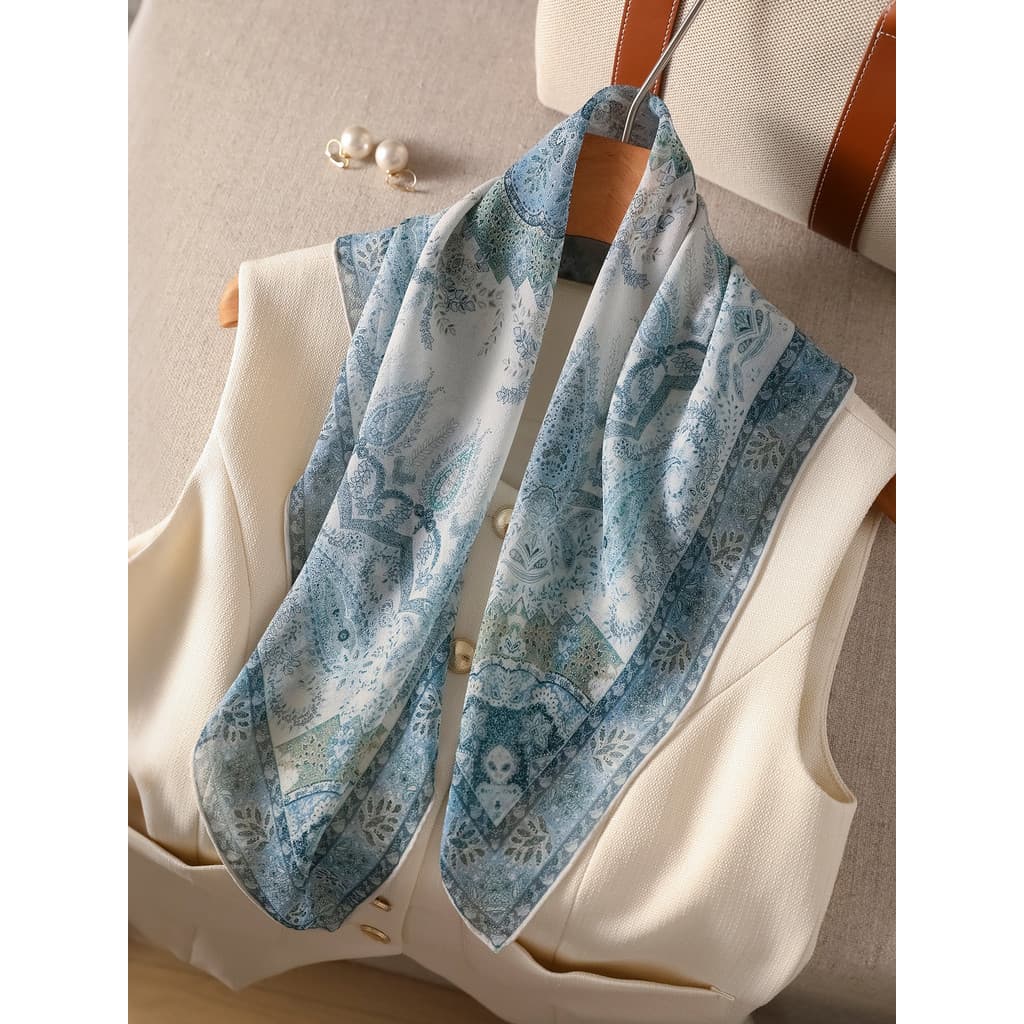 Lenço de seda azul feminino 2026 novo estilo verão estilo fino High-End luz luxo pequeno lenço quadrado gaze pescoço pro