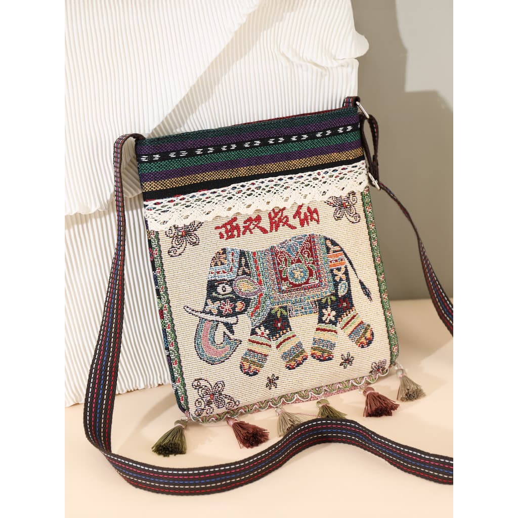 Estilo étnico Jacquard bolsa de lona pequena bolsa feminina bordado bonito Animal Casual All-Match bolsa de ombro saco d