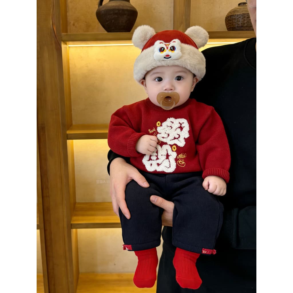 Vermelho festivo bebê engrossado camisola mais veludo estilo chinês calças terno roupas de ano novo das crianças roupas