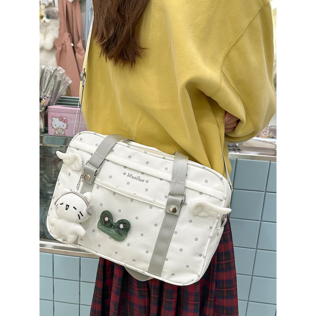 Estilo feminino branco bolinhas asas dor saco feminino estudante diário saco do mensageiro grande capacidade All-Match