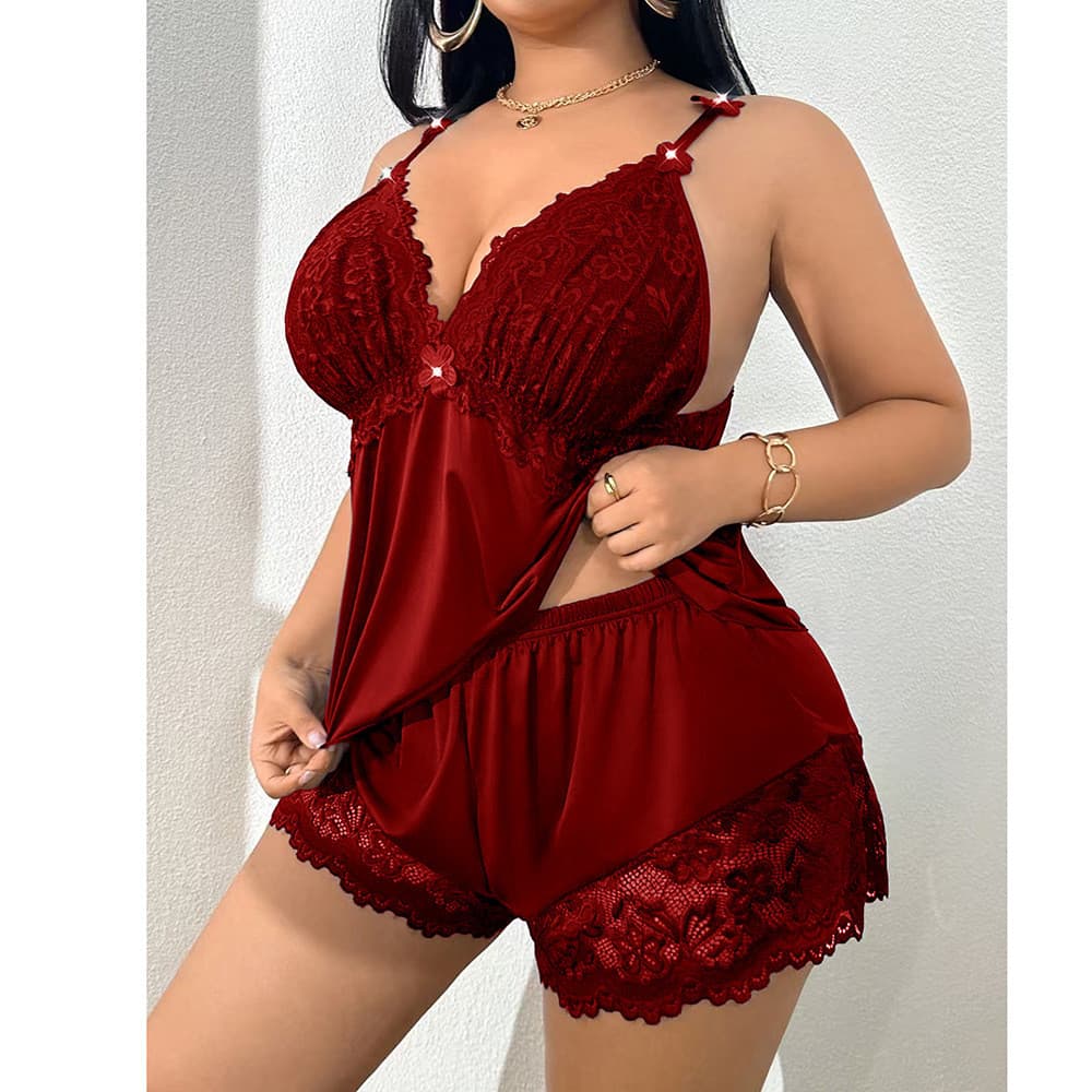 Conjunto de Pijama Modelador Plus Size de Verão para Mulheres, Camisola de Renda e Shorts Confortável para Uso Doméstico