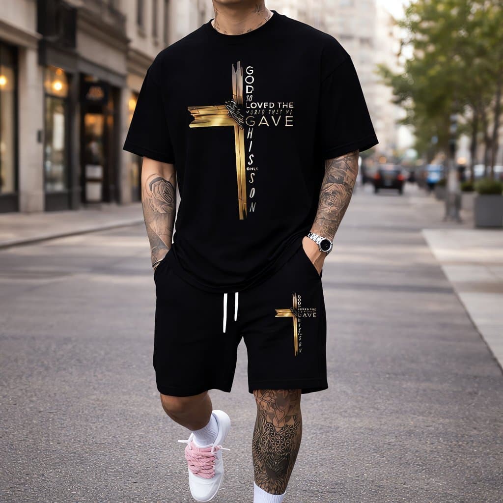 Kit Camisa Short Camiseta + Bermuda Masculina Streetewear Cruz Jesus Cristo
