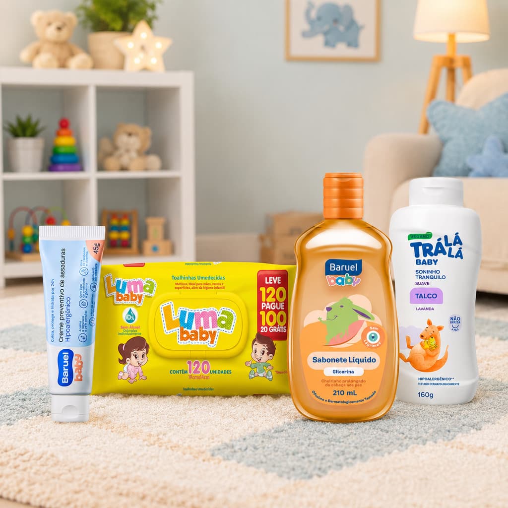 Kit Higiene Infantil para Bebês com Sabonete, Talco, Pomada e Lenço Umedecido