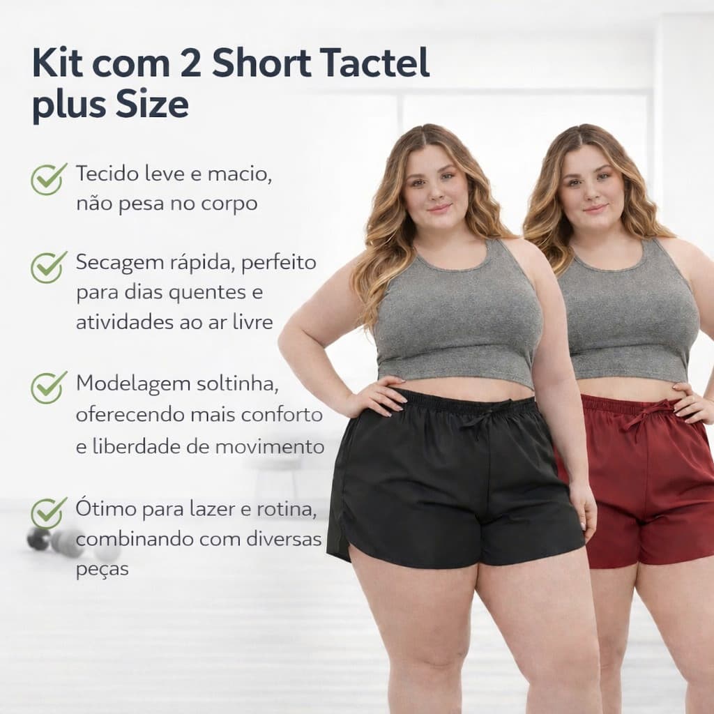Kit 2 Short Plus Size Feminino Tactel Levinho Liso para usar em Academia Praia Caminhada