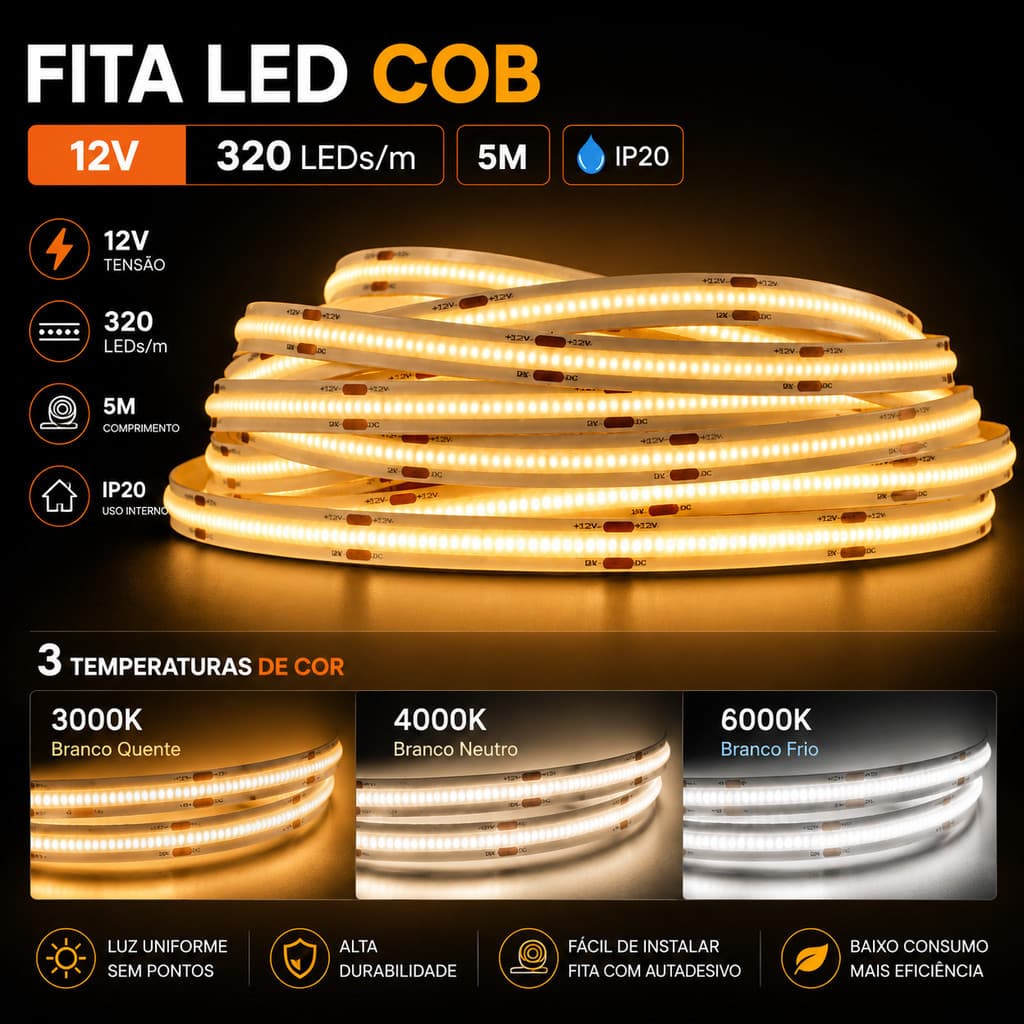 Fita LED COB 5m 12V IP20 320 LEDs/m Luz Contínua 3000K 4000K 6000K
