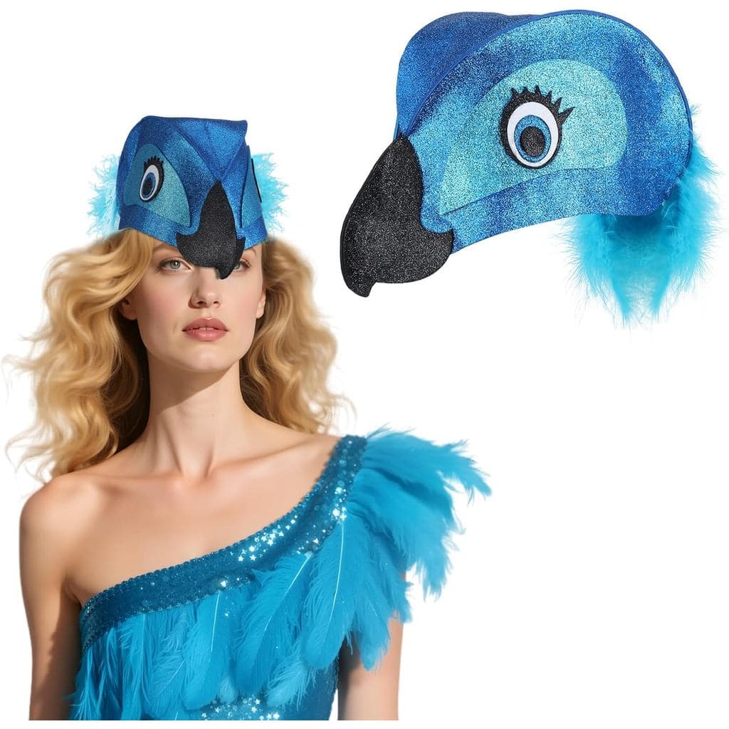 Chapéu de Papagaio Azul, Chapéu Unissex para Adultos com Penas, Fantasia de Pássaro Tropical, Papagaio, Coruja para Fest