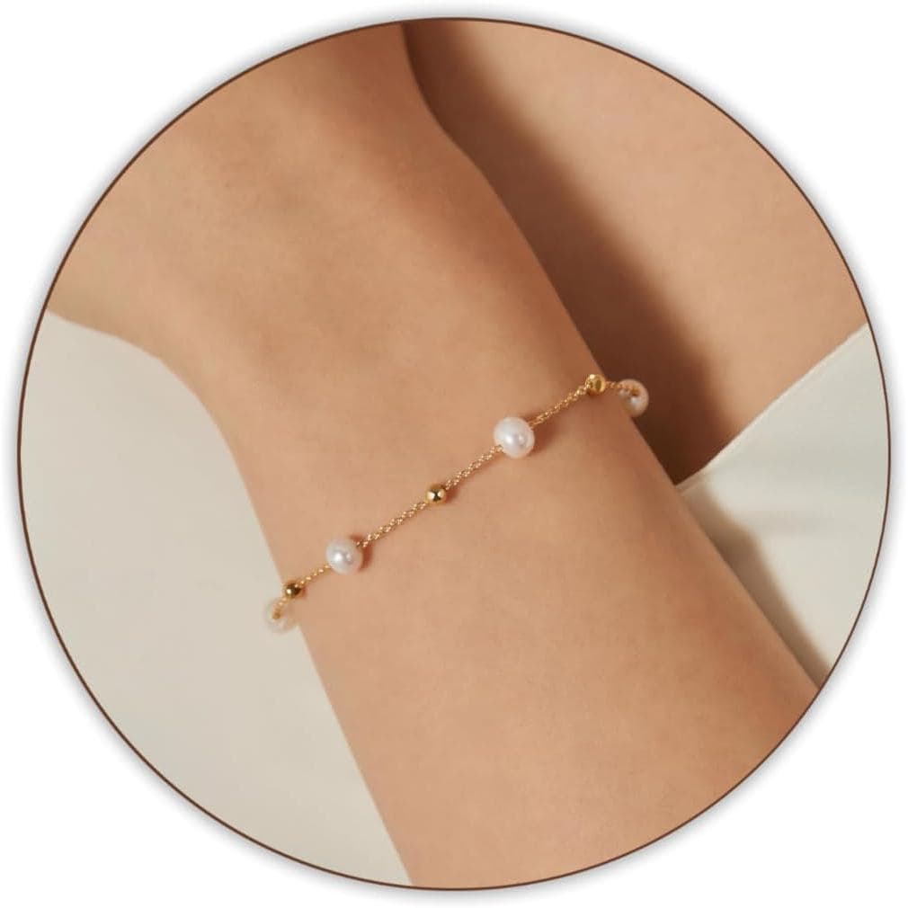 Pulseiras de Pérolas para Mulheres, Banhadas a Ouro 18K, com Pérolas de Água Doce e Corrente Delicada
