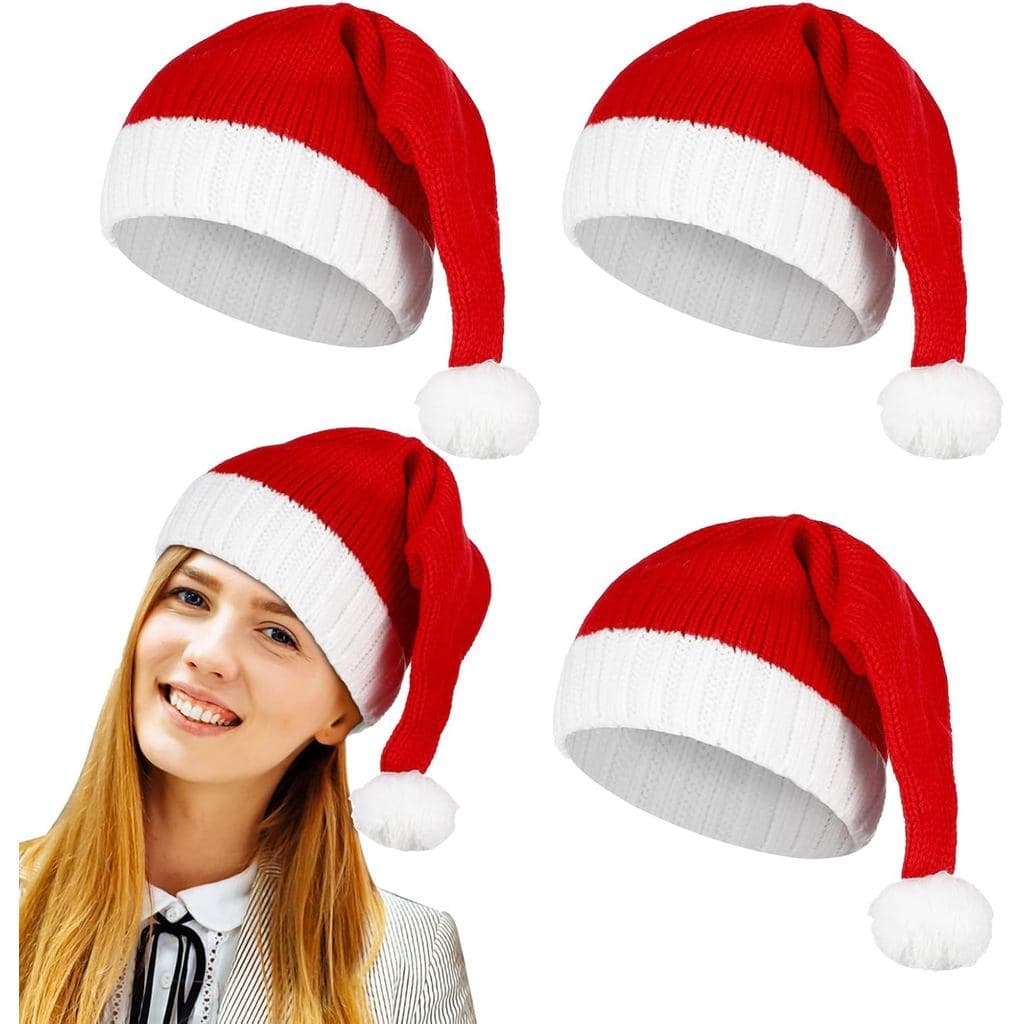 4 Peças de Gorro de Papai Noel Vermelho de Malha para Adultos, Mulheres e Homens, Chapéu para Festa de Natal