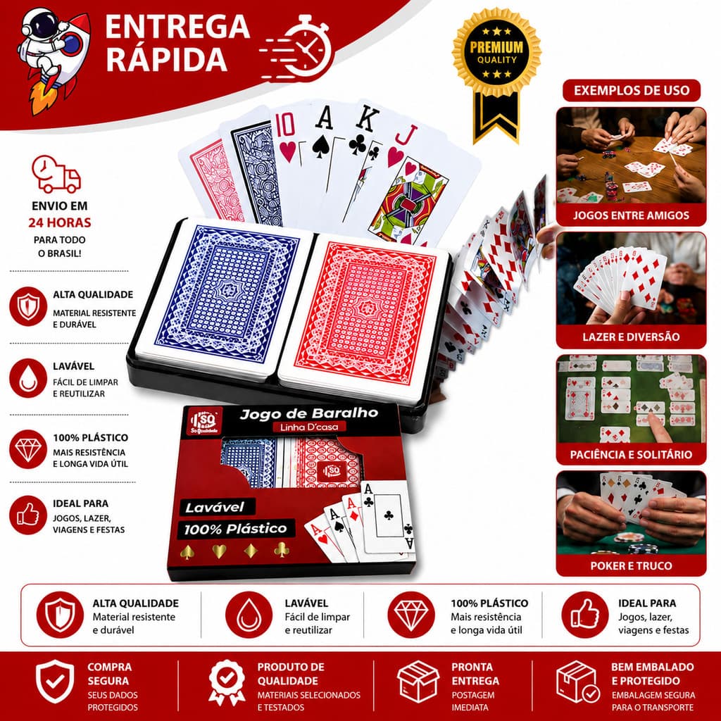 Kit 12 Baralhos Plastificados 54 Cartas Cada Resistente Impermeável e Ideal para Truco Poker e Outros Jogos